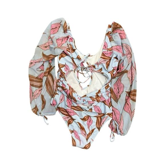 Boho Floral LongβSleeve Cutout Swimsuit Blue Pink One piece β Medium - Picture 8 of 11